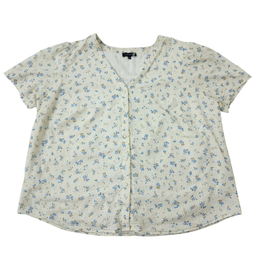 1.STATE Womens 2X Blue Floral Eyelet Button Front V-Neck‎ Short Sleeve Blouse